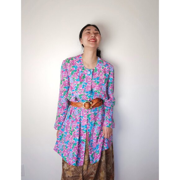 90s vintage Givenchy floral one button duster jacket/ pink, blue, green floral - Picture 10 of 10